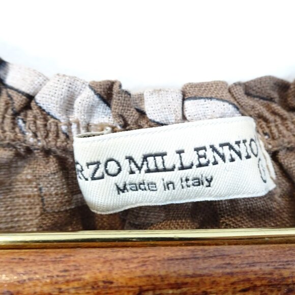 Terzo Millennio 100% Linen Graphic Print Top Size S Brown Blue Boxy Lagenlook - Picture 4 of 7